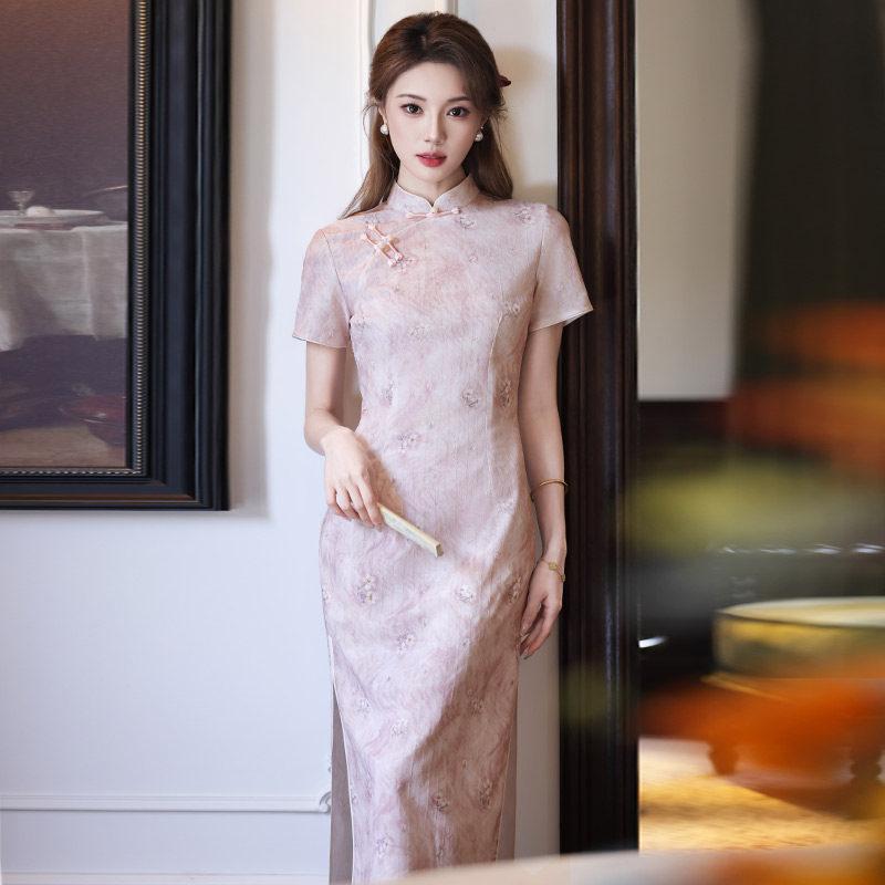 Pink national style new Chinese style Suzhou daily long cheongsam improved young 1011 new women's high sense summer