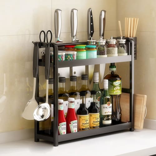 BLZVVZ 2-Tier Spice Rack, Large Capacity Kitchen Storage Rack, Includes Cutting Board Stand, Chopstick Holder, and Drainer, 2.30cm