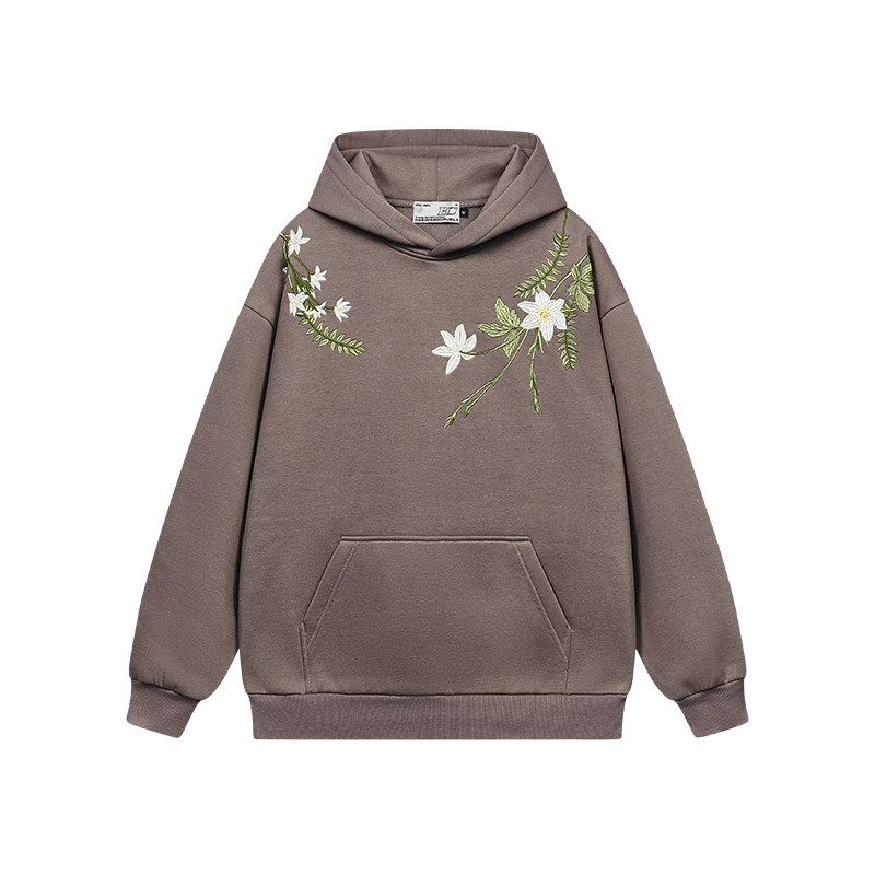 HACR Women Harshandcruel New Chinese Style Florals Garland Embroider Text Profile Hooded Sweatshirt Men and Women