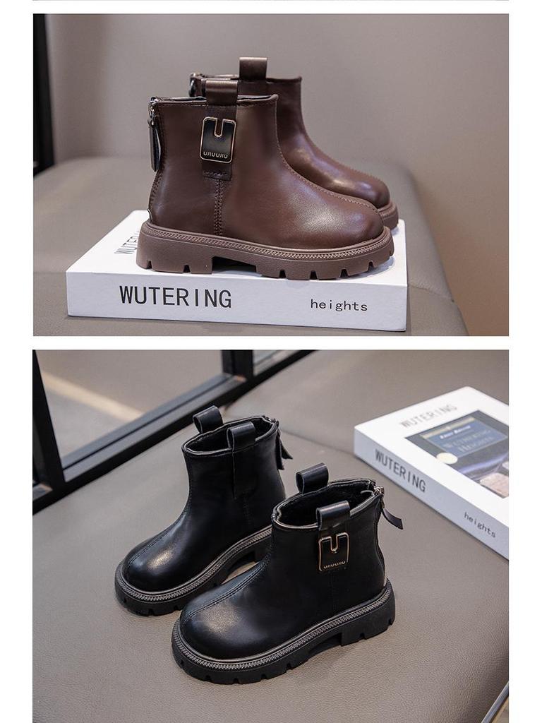 Kinder Herbst/Winter 2025 Schwarze Leder-Knöchelstiefel - Jungen & Mädchen Britischer Stil