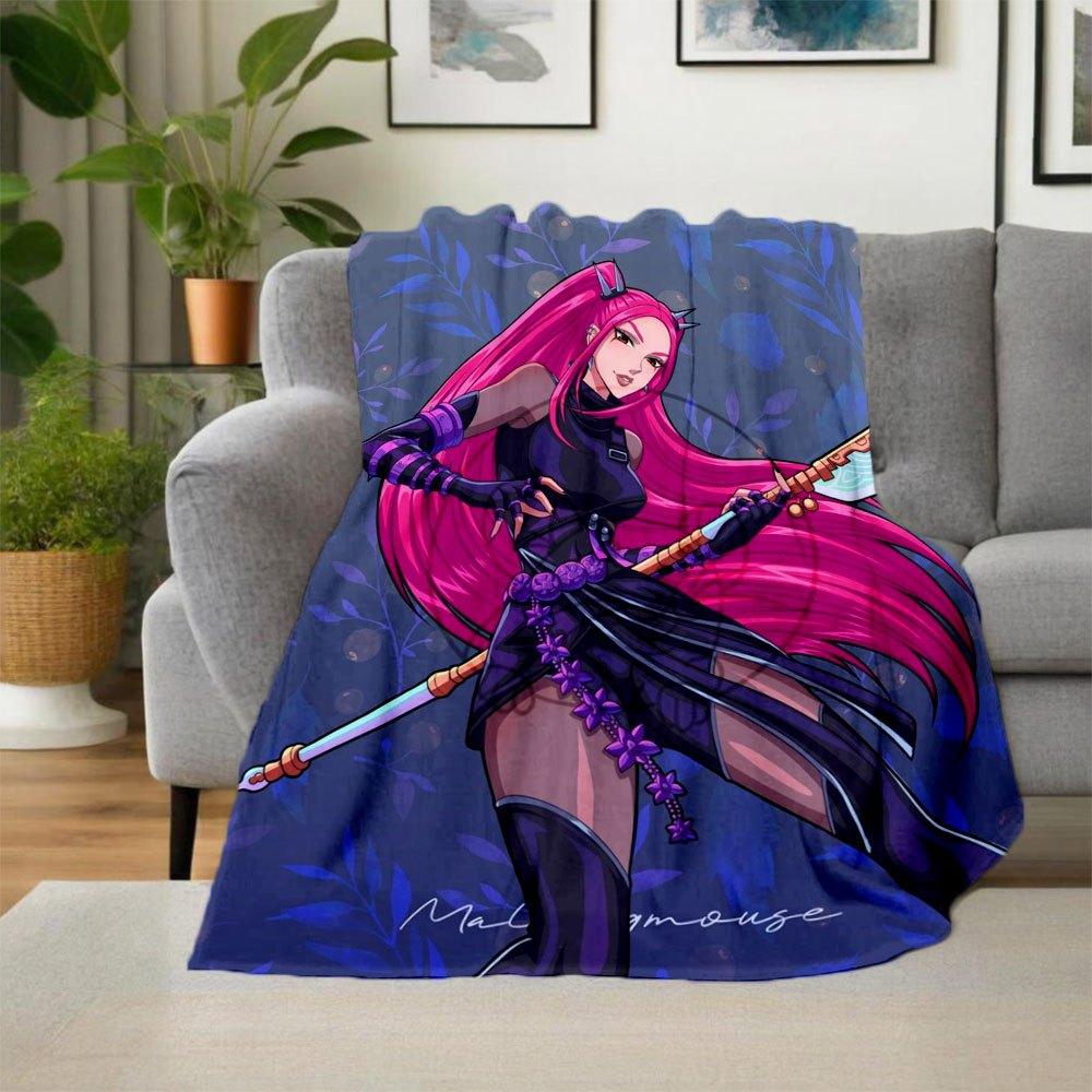 "Fantasy Warrior with Pink Hair and Sword Art Print"Blanket Lightweight Flannel Throw Blanket for Sofa, Bed, Travel, Camping, Livingroom, Of