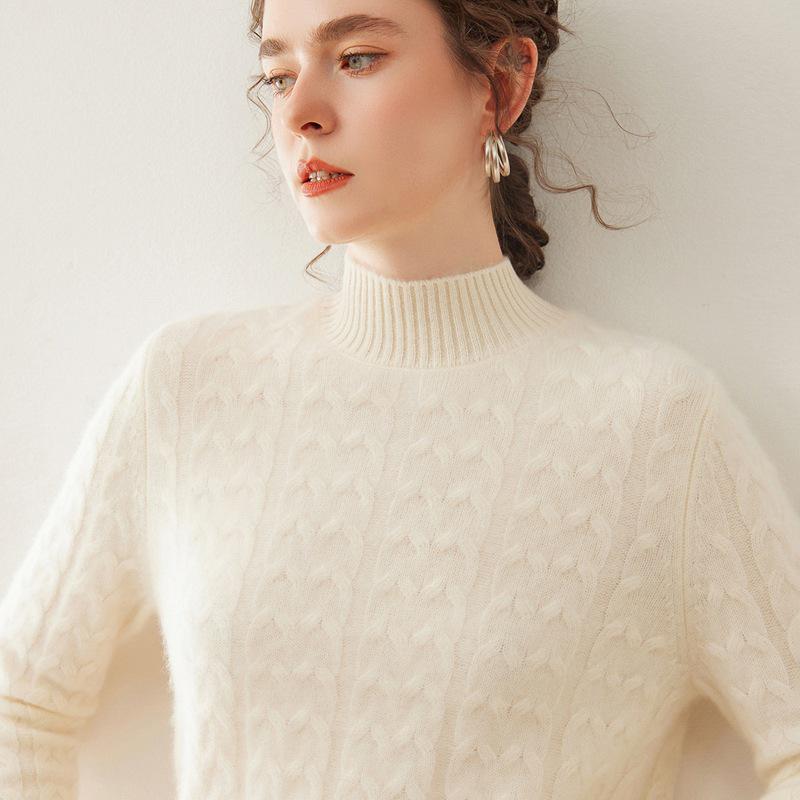 Women's Cable Knit Cashmere Half-High Neck Pullover Sweater