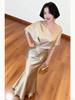 Elegant Champagne Acetate Suit for Women: Satin Top & Fishtail Skirt Set (Spring/Autumn)