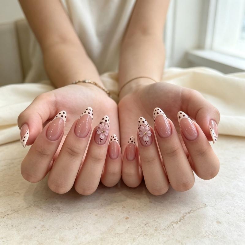 Pink French Edge Press On Nail with Colored Dot Accents, Long Pointed 30 Piece Styling Set, Adhesive Tabs and Storage Box Included