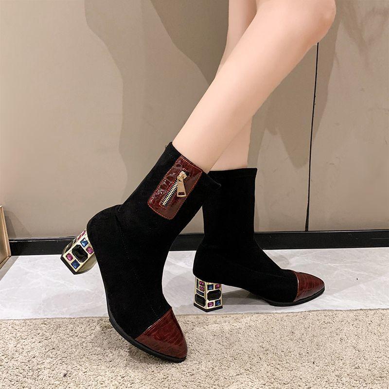 Skinny women's boots short boots 2025 spring and summer new pointed zipper rhinestone thick heel high heel short boots women's fashion explosion