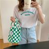 181 Checkerboard Green Grid Canvas Bag College Style Commuter Shoulder Bag Retro Tote Bag