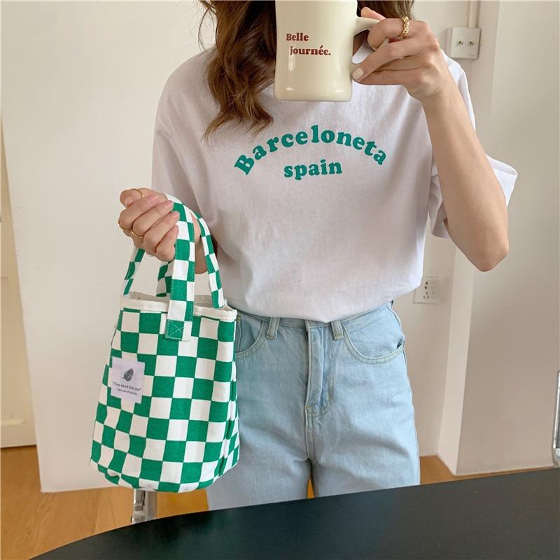 181 Checkerboard Green Grid Canvas Bag College Style Commuter Shoulder Bag Retro Tote Bag