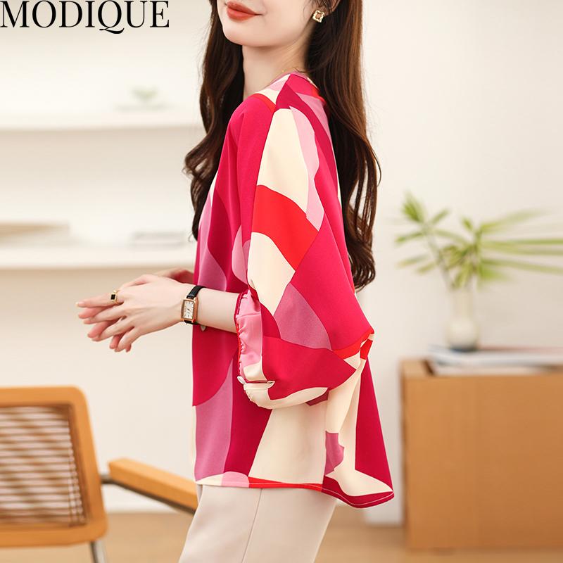 MODIQUE Spring Summer Plus Size Women Loose Silk Geometric Print Batwing Sleeve Blouse Shirts Lady Casual Oversize O-Neck Quarter Sleeve Pullover