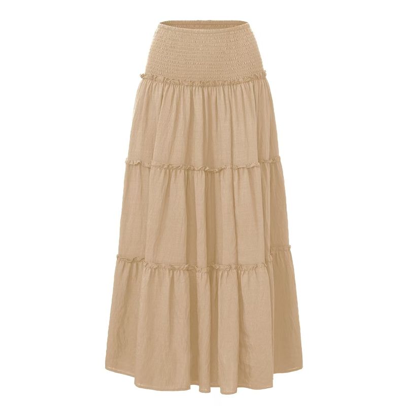 

Western Style New with Lining Cloth Patchwork Wooden Ear Skirt Cotton Linen Long dress High Waisted Skirt Champagne XL