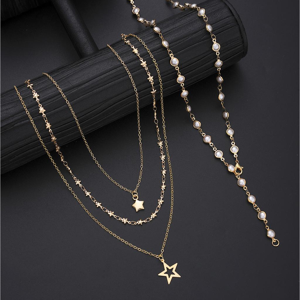 4pcs Fashion Simple Elegant Star Pendant Necklace Set Retro Pearl Y-Shaped Long Chain Necklace for Women Daily Wear Jewelry Gift