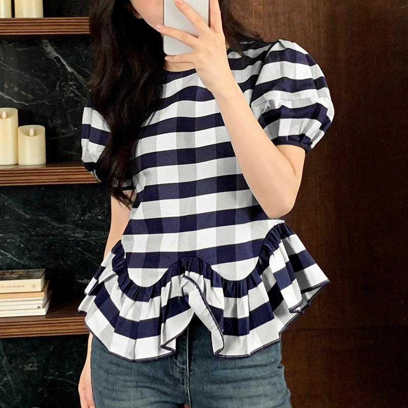 ZANZEA Women Grid Print Casual Round Neck Ruffles Hem Short Sleeve Blouse M