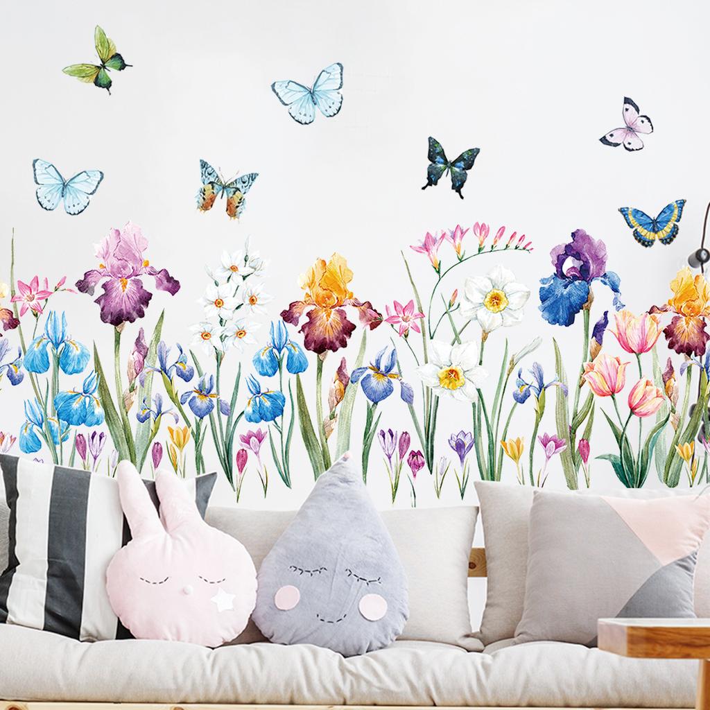 1Pc Watercolour Flower Butterflies Wall Stickers Children's Room Decor Home Essentials Bedroom Decoration Living Room Wall Decal