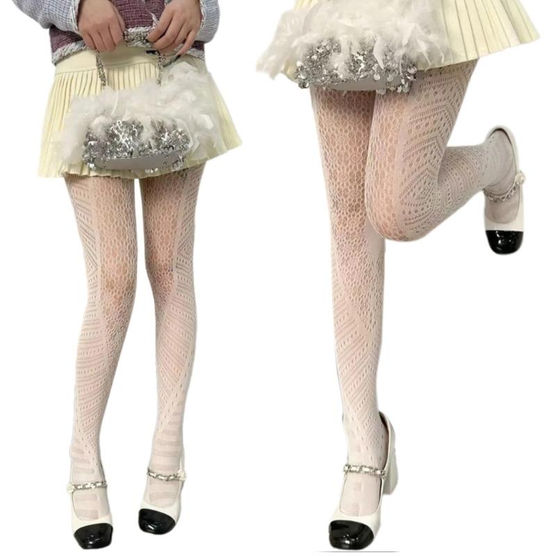 Women Vintage Hollowed Out Fishnet Sheer Pantyhose Aesthetic Irregular Geometric Patterned Spliced Leggings Mesh Tights