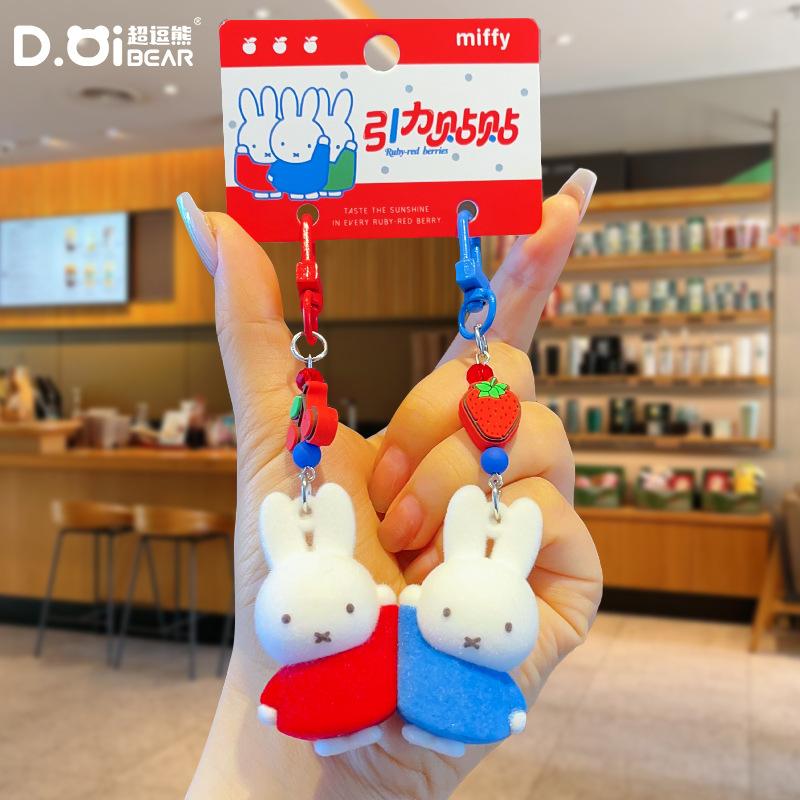 Kawaii Miffy Rabbit Keychain Cute Cartoon Red Fruit Story Bow Embroidered Creepy Keychain Best Friend's Festival Gift