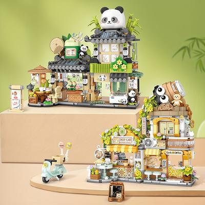 Niedliches Tier Panda Haus Bausteine Kreative Straßenansicht Faltbares Teehaus Modell Ornamente Erwachsene Kinder Zusammenbau Spielzeug Geschenk