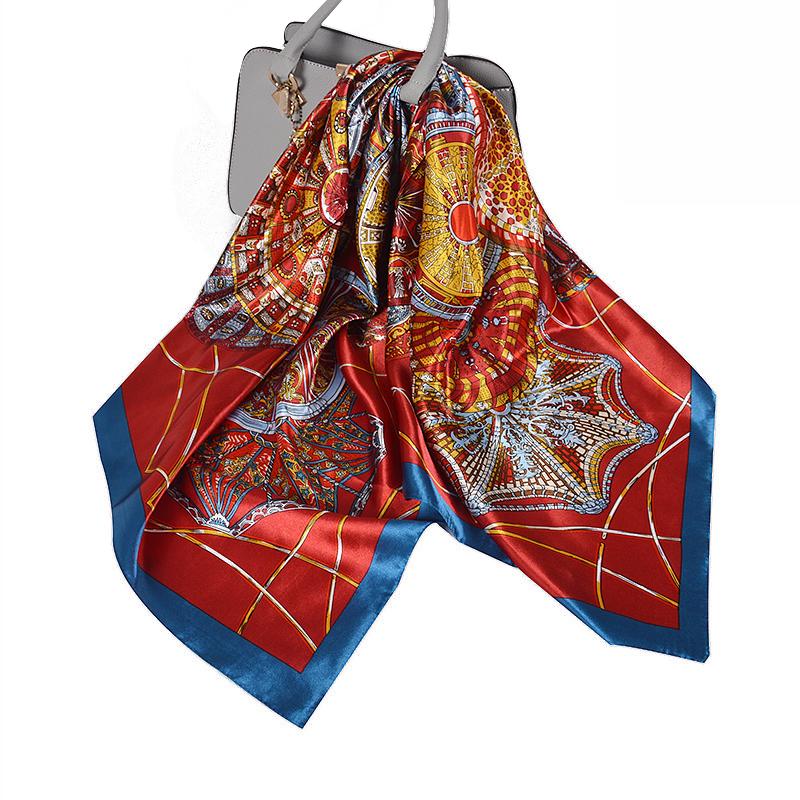 [BYSIFA] Women Silk Scarf Shawl Printed Chinese Rose Navy Blue Red Square Scarves 90*90cm Fashion Accessories Headscarves Hijabs