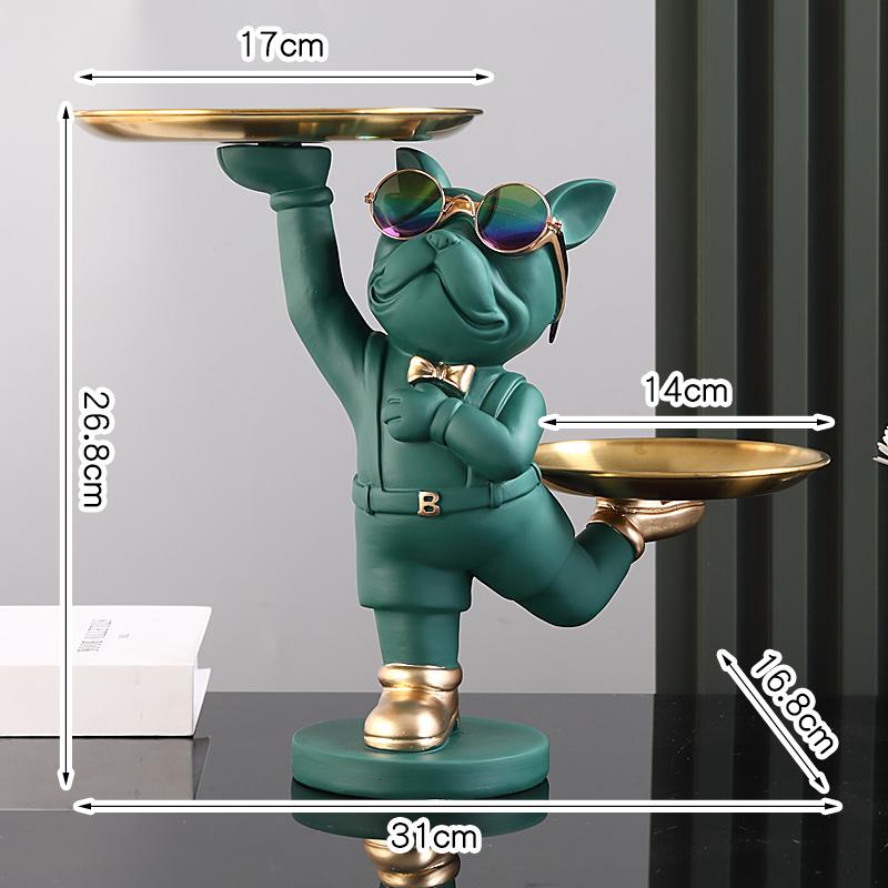 Resin Dog Statue French Bulldog Figurine Sculptures Modern Desk Decor Storage with 2 Trays Office Home Living Room Decoration