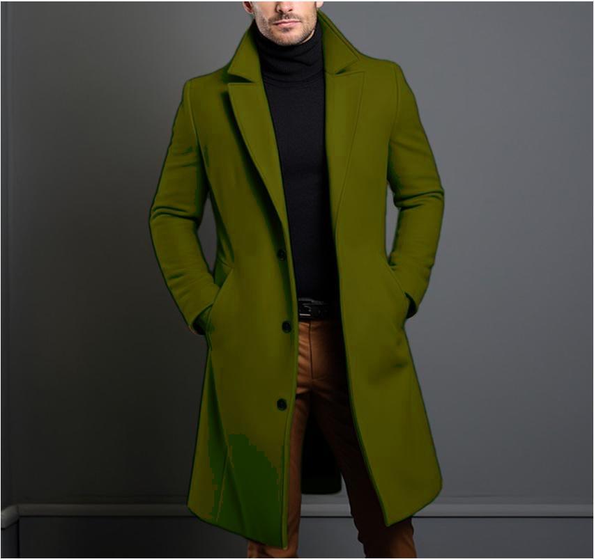 Men's Mid-Length Solid Color Woolen Coat - Warm Autumn/Winter Jacket