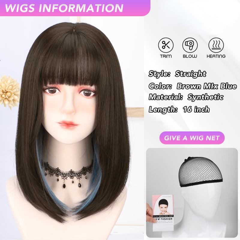 

Боб, 16 дюймов, черный парик с челкой на лестнице, синтетический парик из волокна, термостойкий, без бликов, натуральный, косплей, на каждый день для женщин, корейская мода 16inches синий/коричневый