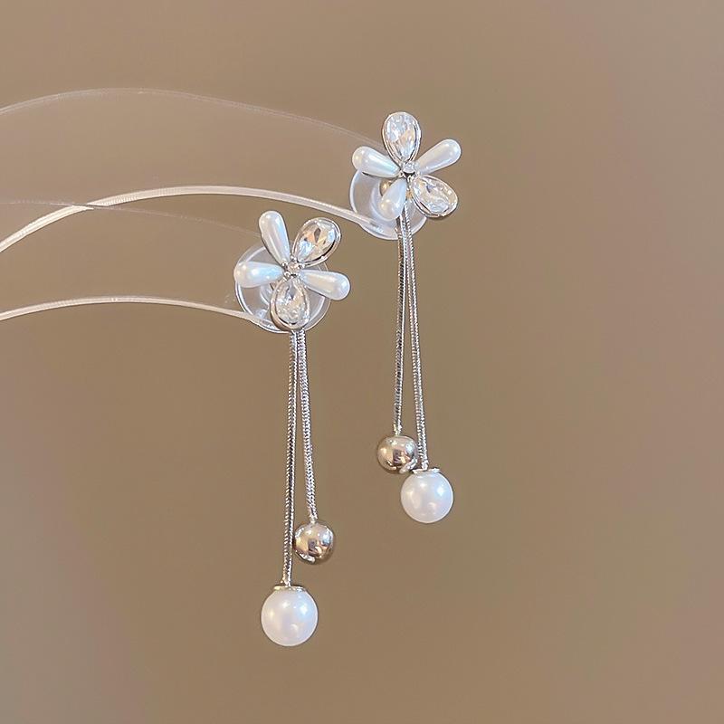 Silver Needle Zircon Pearl Tassel Earrings - Elegant Retro Design for Women