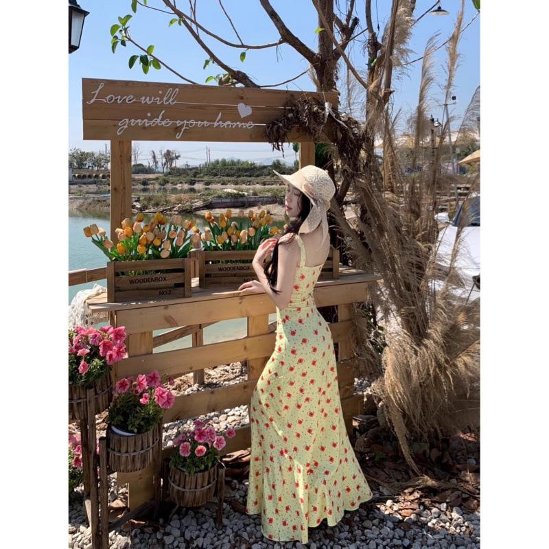 2025 Sommer Retro Französisch Gelb Floral Meerjungfrau Maxikleid