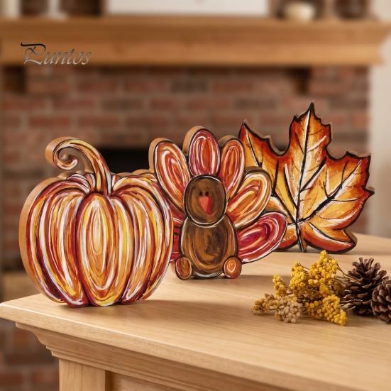 Thanksgiving Party Decor Accessories 3Pcs Wooden Block Signs, Fall Pumpkin Turkey Maple Leaf Tabletop Display Ornaments Decor, Farmhouse Tiered