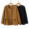 2026 Spring Women's Plus Size Long Sleeve Pleated Hem Cardigan Top, Round Neck Twill Gauze Jacket 220