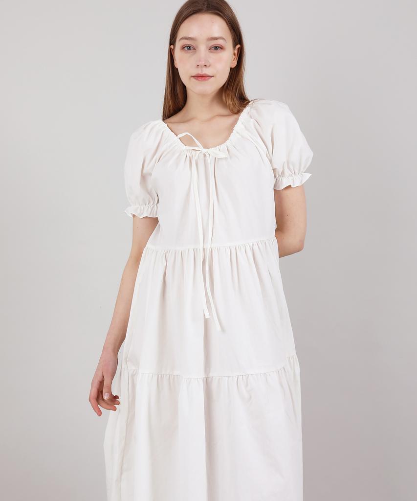 CATTLINE Romantic Shirred Long Dress (Ivory)