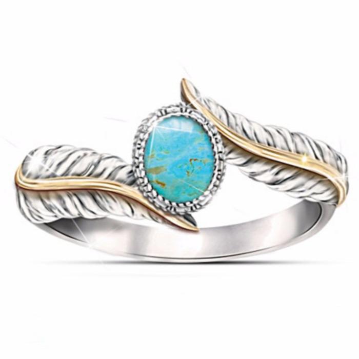 Huajie Wish Turquoise Feather Ring: European & American Two-Tone Engagement Party Jewelry