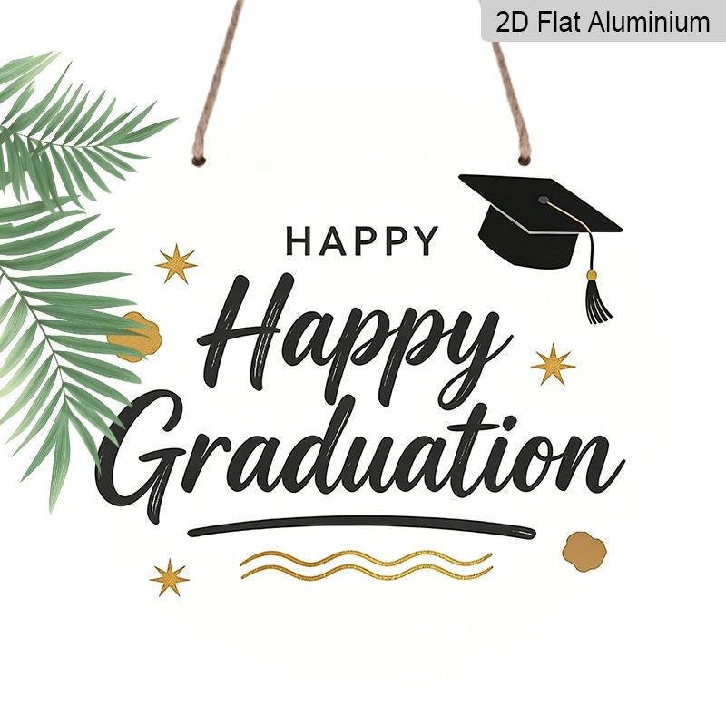 2D Flat Aluminum Graduation-themed Wall Hangings Available in Multiple Sizes Featuring A Simple Black and Gold "Happy Graduation" Design Are A