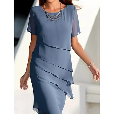 European And American Summer Ladies Solid Color Short-sleeved Glitter Ruffled Round Neck Multi-level Solid Color Casual Dress
