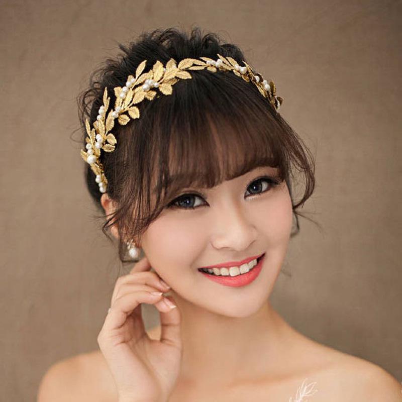 Handmade Pearl & Golden Leaf Bridal Hairpiece - Korean Wedding Headband Accessory