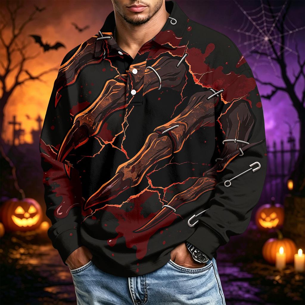 Men's Halloween Printed Long Sleeve Casual Shirt for Festive Occasions
