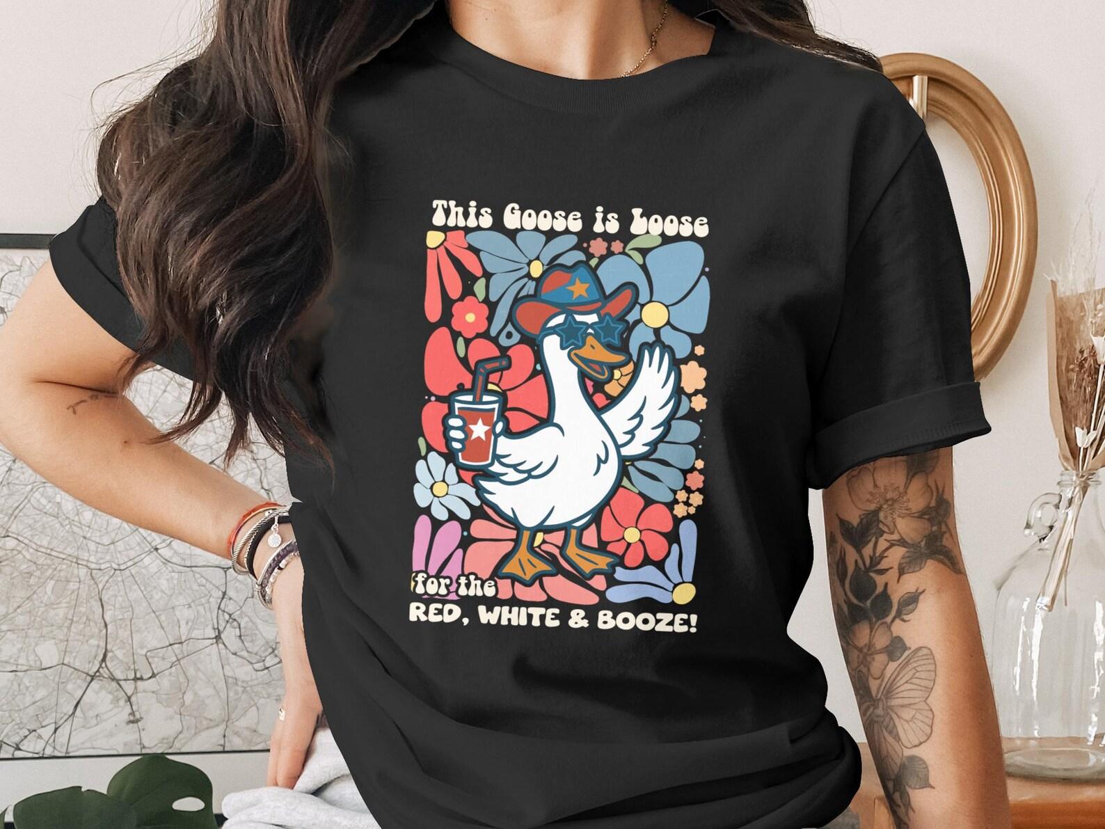 Red White and Booze T-Shirt, Funny Goose Is Loose Party Tee, 4th of July Drinking Shirt, Patriotic Summer Outfit, Vintage Retro Graphic XL