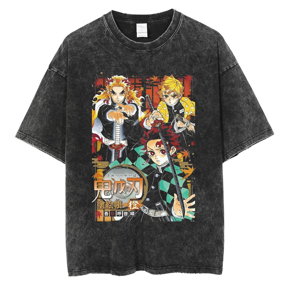 Anime Demon Slayer Kamado Tanjirou Printed T Shirt Men Women Washed Cotton Tshirts Manga Casual T-shirt Harajuku Male Tops