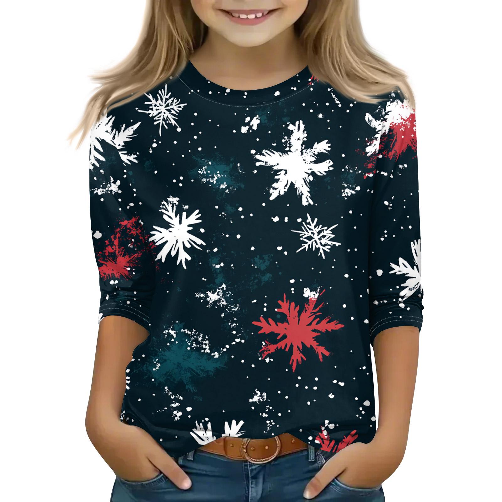 

Рождественские топы с принтом для девочек-подростков 5-16 лет, футболки с круглым вырезом и рукавами 3/4, модные топы, нарядные футболки 160 синий