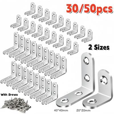 Lot de 30/50 équerres d'angle en L, en acier inoxydable avec vis pour étagères, meubles en bois, armoires, chaises et tiroirs