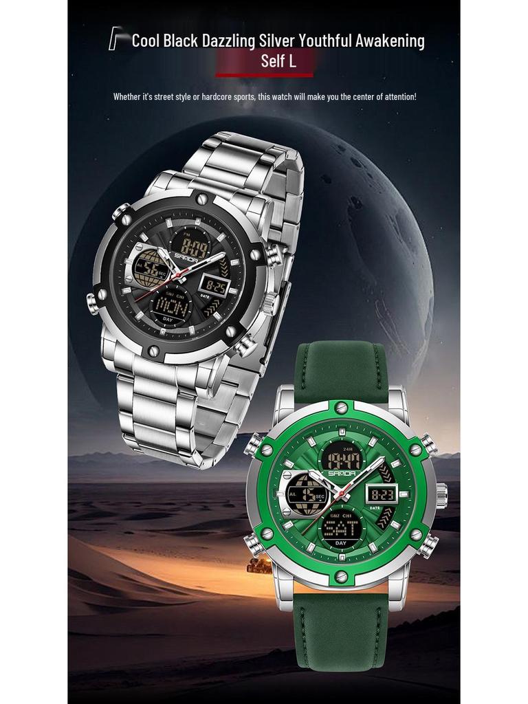 SANDA Men's Multi-Time Zone Steel Band Watch - Luminous, Waterproof, Alarm & Stopwatch Features