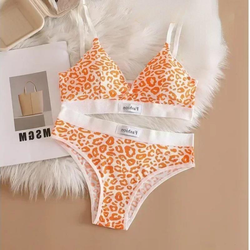 Damen Nahtloses BH-Set Slips Tiefer Bund Leopard Bralette Lingerie-Set V-Ausschnitt Sport-BH Baumwolle Sexy Unterwäsche-Set