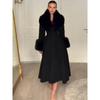 Women Wool Blend Coat Faux Fur Collar Cuffs Fitted Waist Flared Maxi Silhouette Outerwear Winter Elegant Street Overcoat
