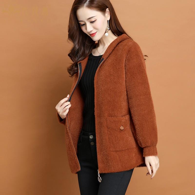Thickened Hooded Faux Mink Fur Cardigan for Women Short Autumn Winter Jacket