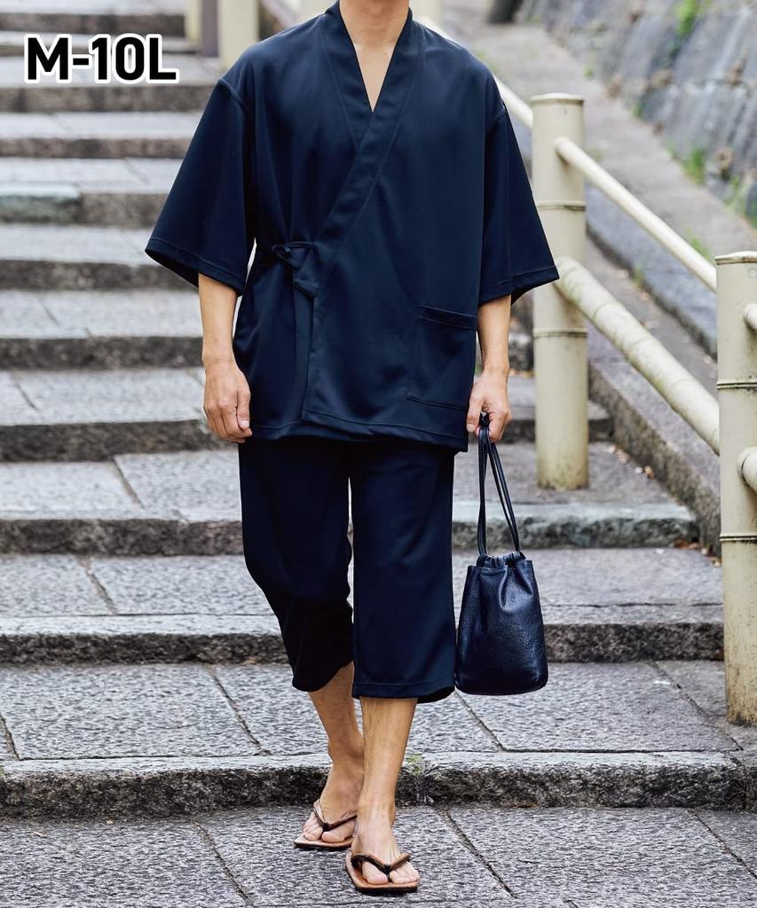 Mesh Jinbei Top and Bottom Available In Large 5L [Nissen] Men's Loungewear, Sweat-absorbing, Quick-drying Set, Sizes, Black,