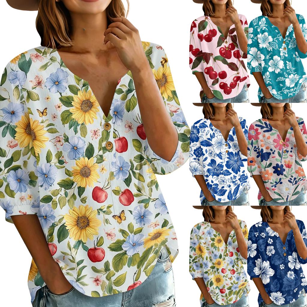 Women’s Casual Floral Print Henley Neck 3/4 Sleeve Cotton Linen Shirt with Button Front Loose Fit Blouse for Spring Summer Wear