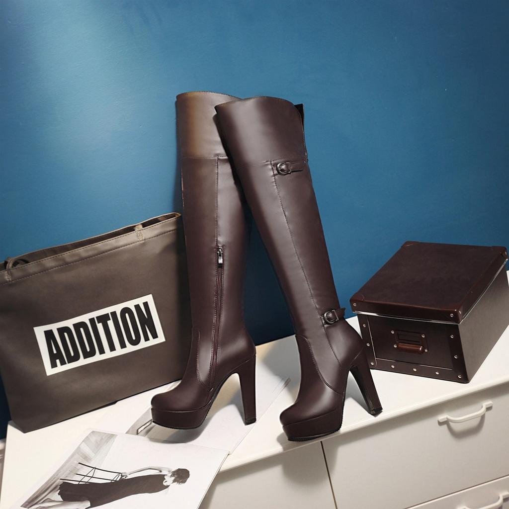 Damstövlar med hög klack höst och vinter vattentäta platå stövlar med tjock klack i stora storlekar europeiska och amerikanska sexiga knähöga stövlar