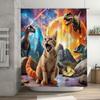Einzigartiger Duschvorhang mit Katze und Dinosaurier und atemberaubendem kosmischem Hintergrund. Perfekt, um Ihrer Badezimmerdekoration Fantasie zu verleihen.
