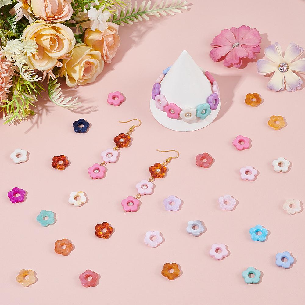 100Pcs 2 Styles Transparent/Opaque Acrylic Bead Frame Flower Mixed Color 14x14.5x3.5~4mm Hole: 1.5~1.6mm 50pcs/style