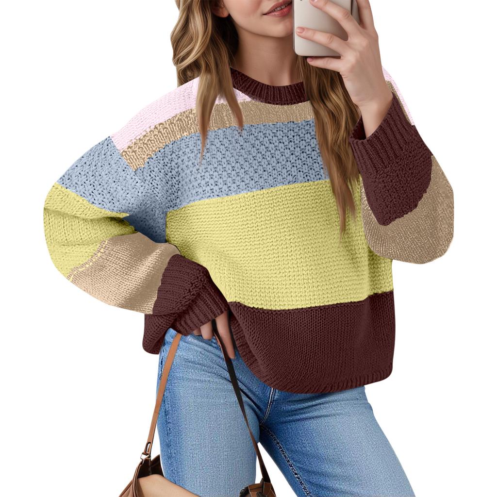 Women's Color Block Cropped Sweaters Winter Trendy Casual  Going Out Striped Pullover Tops