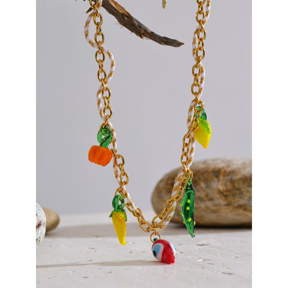 Eetit Popular Rope Braided Pumpkin Lemon Chilli Charm Necklace Pendant Stain Less Metal Creative Exclusive Jewellery Gift