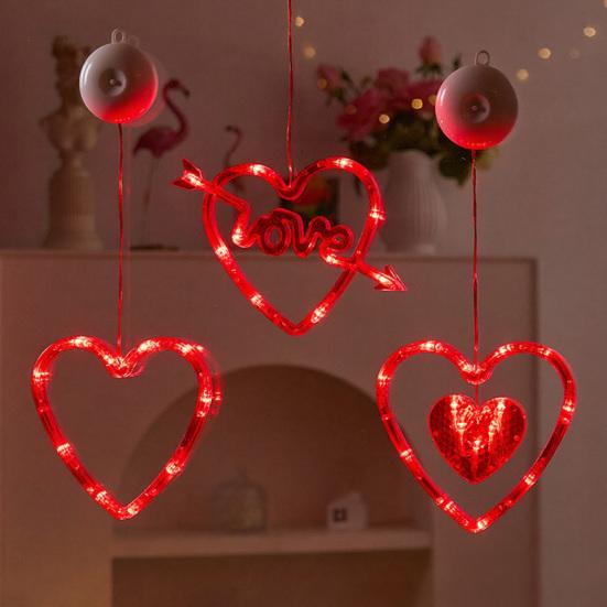 3 Bucăți Lumini Cortină Inimă cu Ventuze Lampă Portabilă Iubire Lumini Fereastră de Ziua Îndrăgostiților cu Telecomandă Iluminat Festiv Romantic