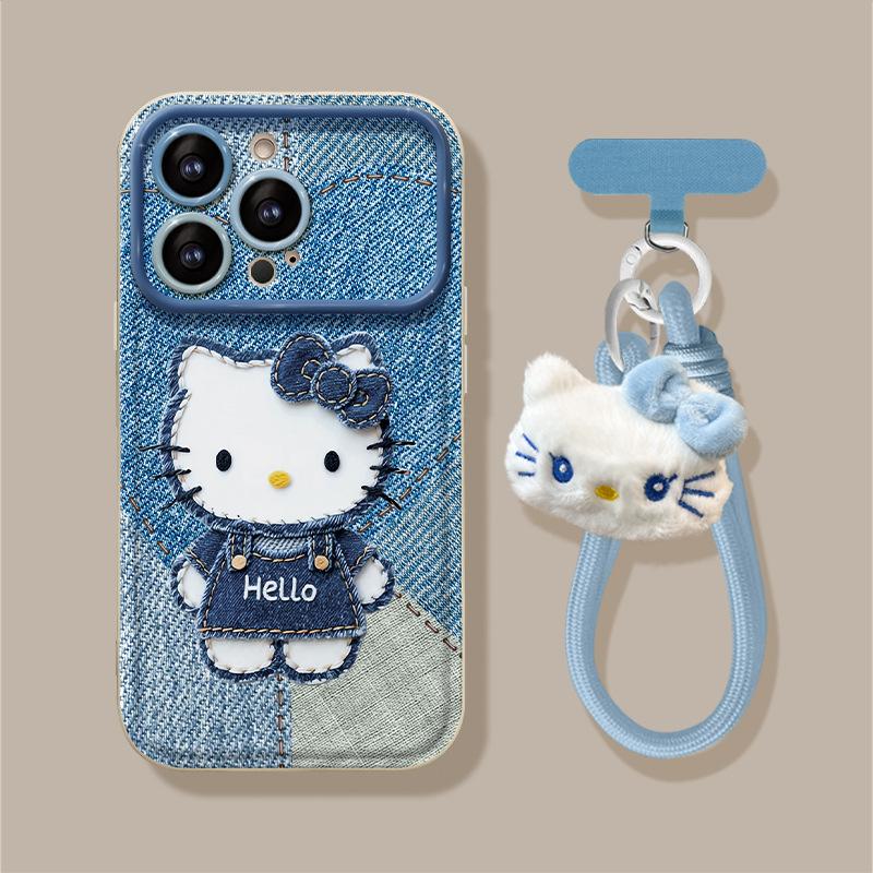 Denim Kt Cat Lanyard Suitable for Apple 15promax Mobile Phone Case Iphone16 Cute Cartoon 17 Series Plush
